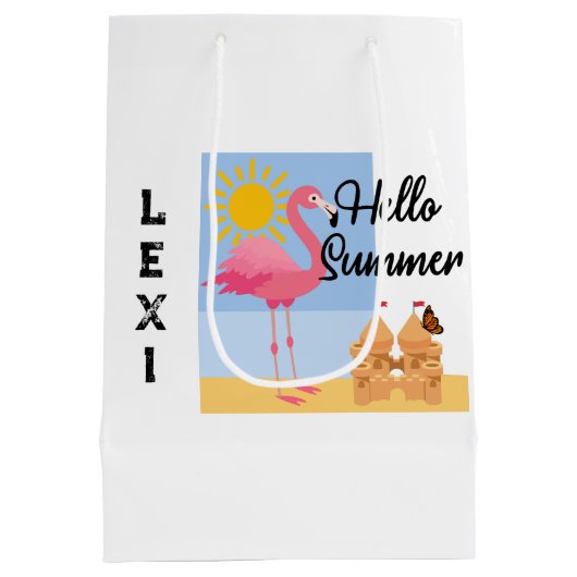 Hello Summer Pink Flamingoデザイン-抱き枕- Med ミディアムペーパーバッグ (裏面)