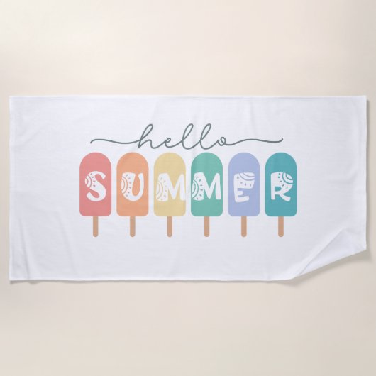 Hello Summer Popsicle カラフル ビーチタオル (正面)