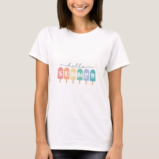Hello Summer Popsicle カラフル Tシャツ (正面)