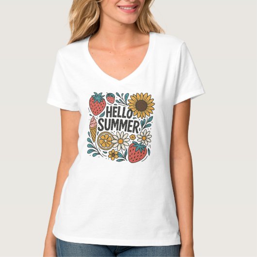 Hello summer retro png|Hello summer strawberry Tシャツ (正面)