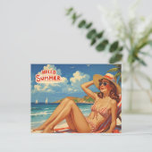 Hello Summer Retro Woman on the Beach ポストカード (スタンド正面)
