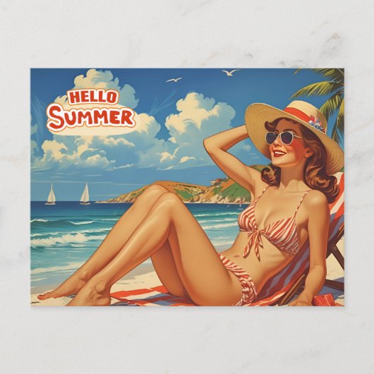 Hello Summer Retro Woman on the Beach ポストカード (正面)