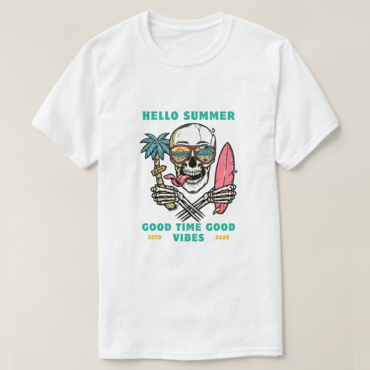 "Hello Summer – Skull Surfer Good Vibes" Tシャツ (デザイン正面)