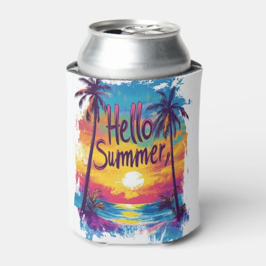 Hello Summer sunset and Palm Trees Can cooler 缶クーラー (缶正面)