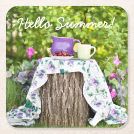 Hello Summer Tea and Plums in the Garden スクエアペーパーコースター