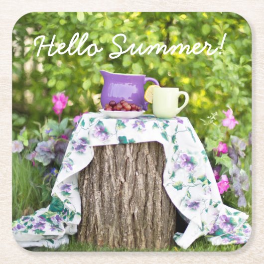 Hello Summer Tea and Plums in the Garden スクエアペーパーコースター (正面)