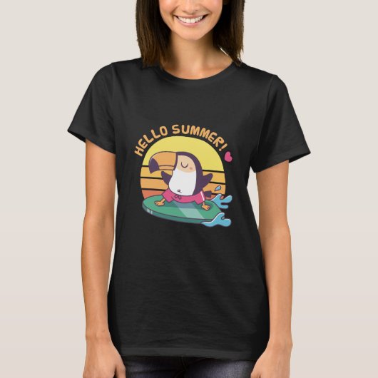 Hello Summer, Toucan on Surfboard Tシャツ (正面)