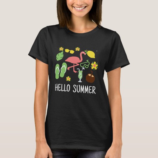 Hello Summer Vacation Flamingo Flip Flop Beach Lov Tシャツ (正面)
