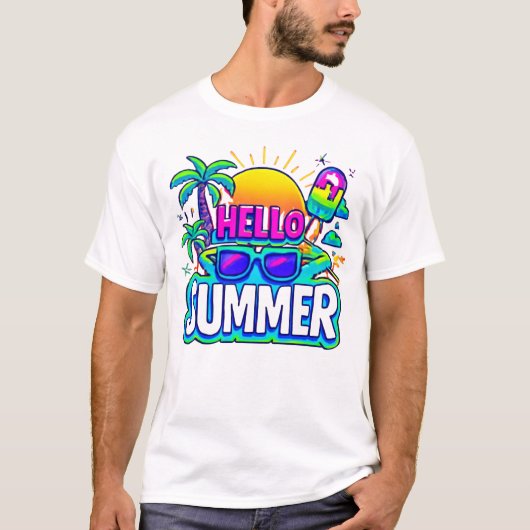 Hello Summer Vibes – トロピカルマンガデザイン Tシャツ (正面)