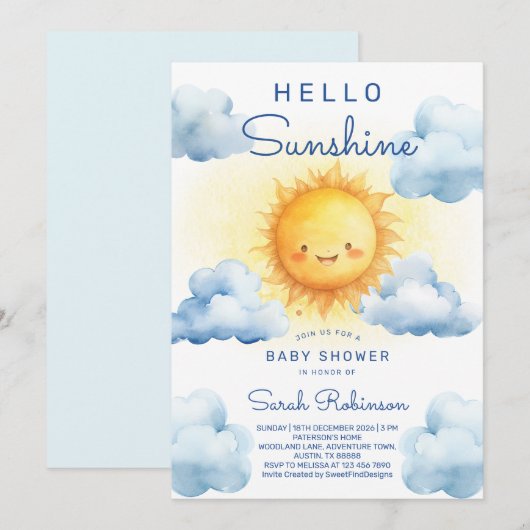 Hello Sunshine Baby Shower 招待状 (正面/裏面)
