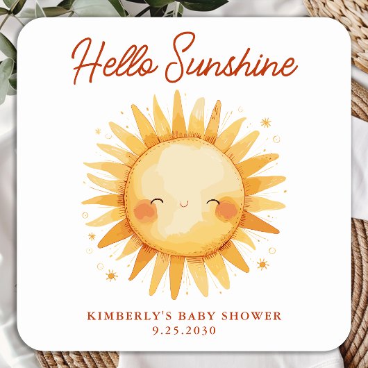 Hello Sunshine Boho Cute Sun Thank You Baby Shower スクエアシール