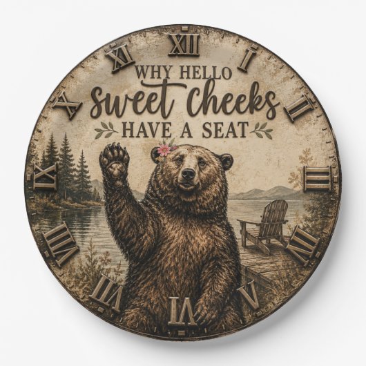 Hello Sweet Cheeks Rustic Bear Funny Lake Cabin ペーパープレート (正面)
