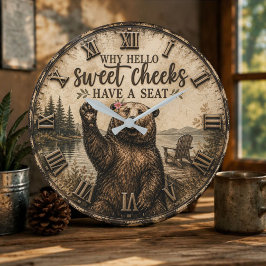 Hello Sweet Cheeks Rustic Bear Funny Lake Cabin ラージ壁時計