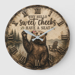 Hello Sweet Cheeks Rustic Bear Funny Lake Cabin ラージ壁時計