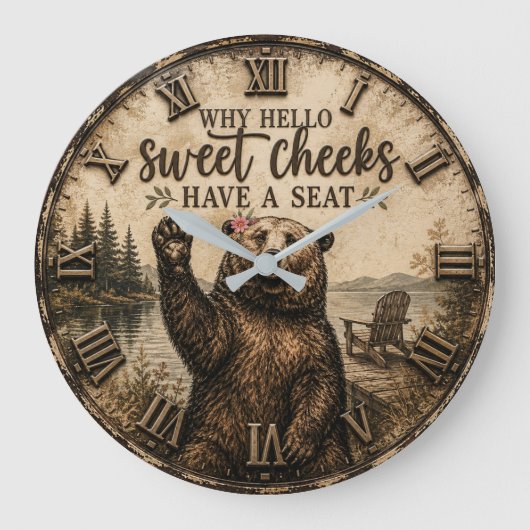 Hello Sweet Cheeks Rustic Bear Funny Lake Cabin ラージ壁時計 (正面)
