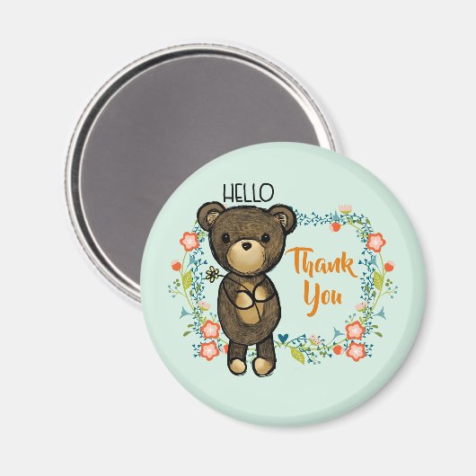 Hello Teddy Bear with Flowers Thank You マグネット (正面/裏面)