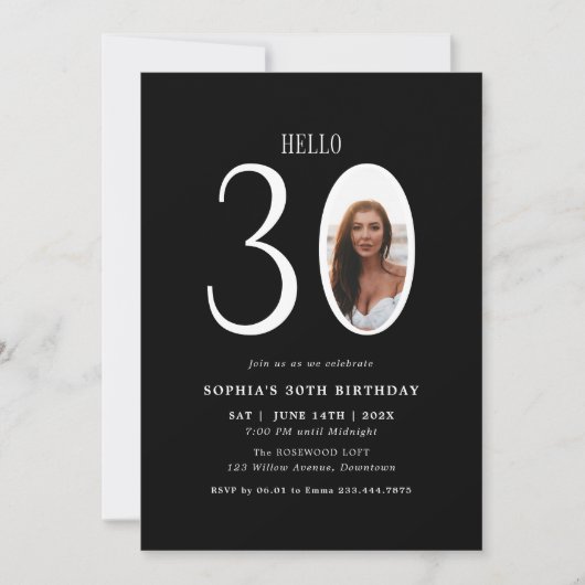Hello Thirtyモノクロ写真30th Birthday 招待状 (正面)