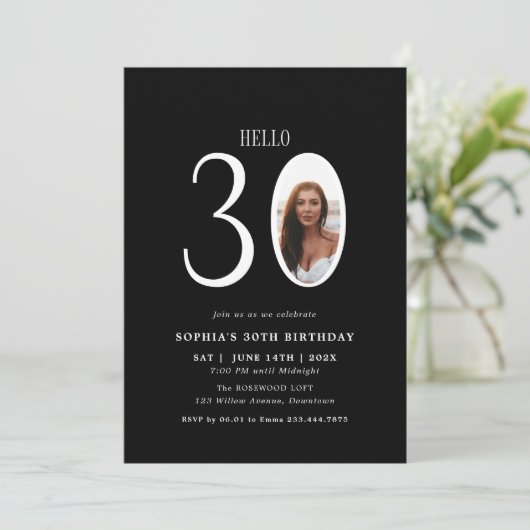 Hello Thirtyモノクロ写真30th Birthday 招待状 (スタンド正面)
