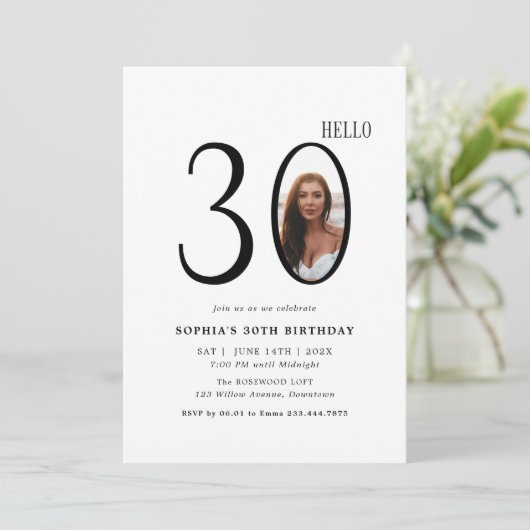 Hello Thirtyモノクロ写真30th Birthday 招待状 (スタンド正面)