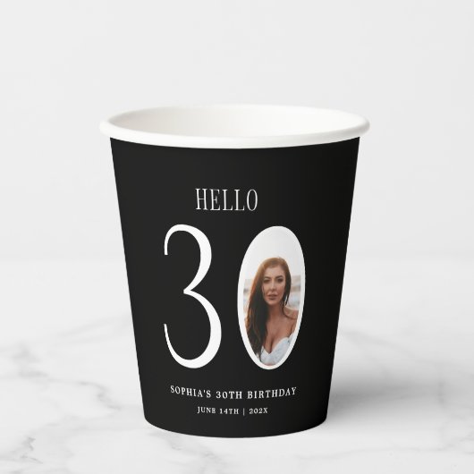 Hello Thirtyモノクロ写真30th Birthday 紙コップ (正面)