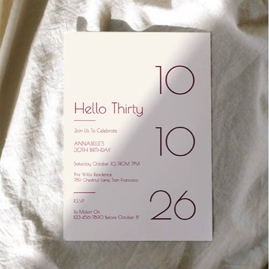 Hello Thirty モダンでシンプルな30歳の誕生日 招待状