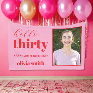 Hello Thirty モダン Pink Red 30th Birthday写真 横断幕