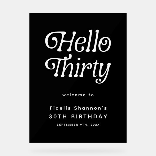 Hello Thirty レトロ30歳の誕生日ウェルカムサイン アクリルサイン (正面)