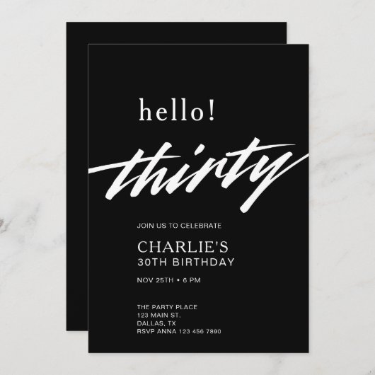 Hello Thirty Black モダン Script 30th Birthday 招待状 (正面/裏面)