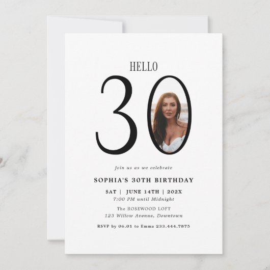 Hello Thirty Black and White Photo 30th Birthday 招待状 (正面)