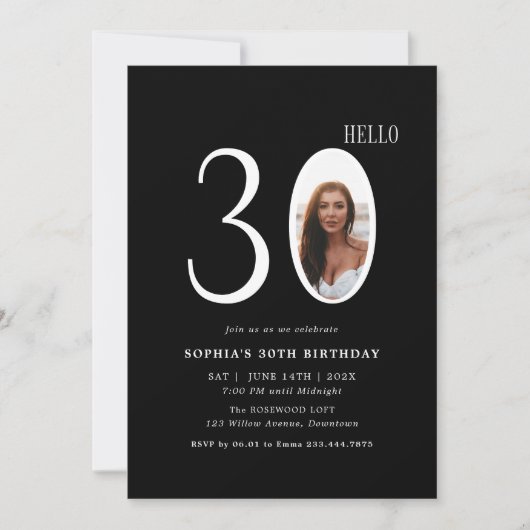 Hello Thirty Black and White Photo 30th Birthday 招待状 (正面)