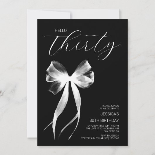Hello Thirty Bow黒白30歳の誕生日 招待状 (正面)