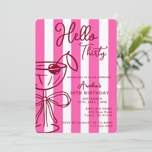 Hello Thirty Coctail 30th Birthday Pink Red 招待状 (スタンド正面)