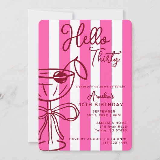 Hello Thirty Coctail 30th Birthday Pink Red 招待状 (正面)
