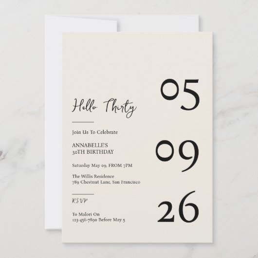 Hello Thirty Minimal Modern 30th Birthday 招待状 (正面)
