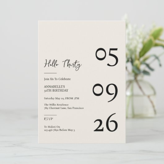 Hello Thirty Minimal Modern 30th Birthday 招待状 (スタンド正面)