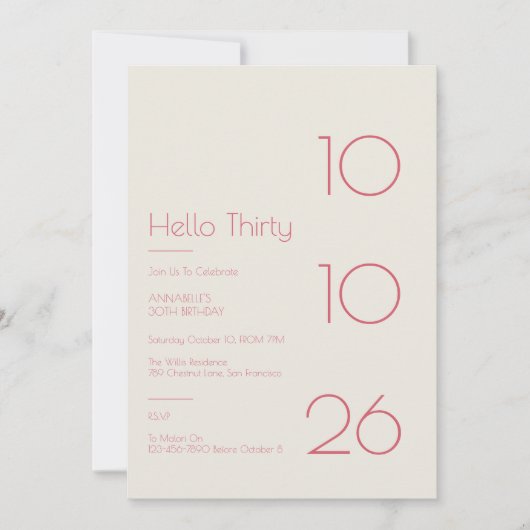 Hello Thirty Minimal Modern 30th Birthday 招待状 (正面)