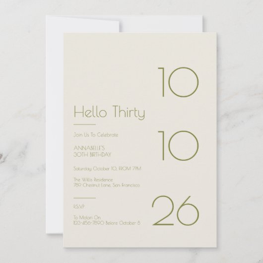 Hello Thirty Minimal Modern 30th Birthday 招待状 (正面)