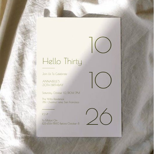 Hello Thirty Minimal Modern 30th Birthday 招待状
