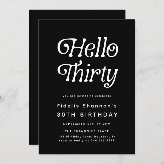 Hello Thirty Modern Retro 30th Birthday  招待状 (正面/裏面)