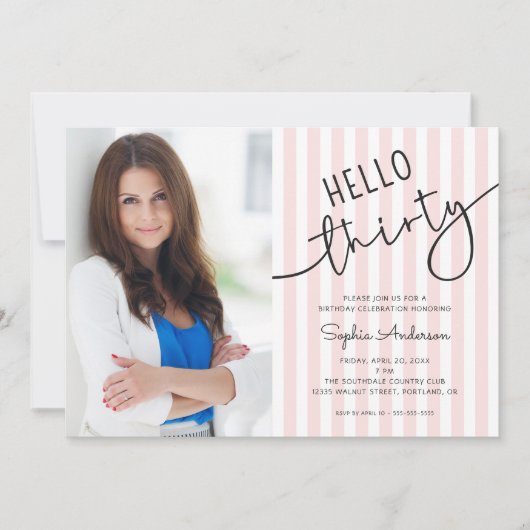 Hello Thirty Modern Script Photo 30th Birthday 招待状 (正面)