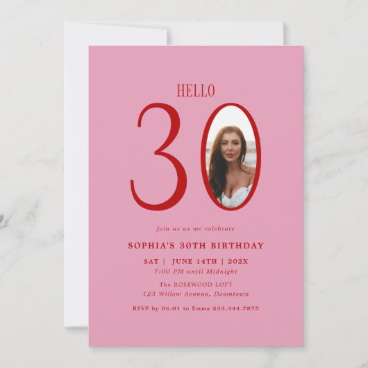 Hello Thirty Pink and Red Photo 30th Birthday 招待状 (正面)