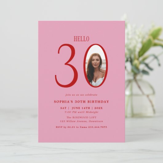 Hello Thirty Pink and Red Photo 30th Birthday 招待状 (スタンド正面)