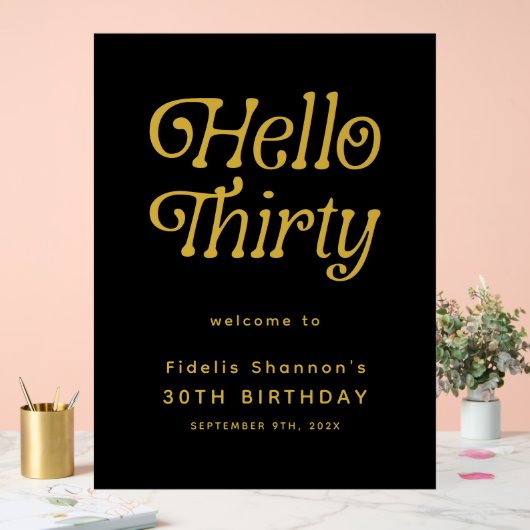 Hello Thirty Retro 30th Birthday Welcome Sign アクリルサイン (ウェディング)