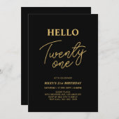 Hello Twentone金ゴールド&ブラック21歳の誕生日パーティー 招待状 (正面/裏面)