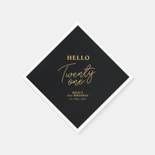 Hello Twentone Black & 金ゴールド21st誕生日パーティー スタンダードカクテルナプキン
