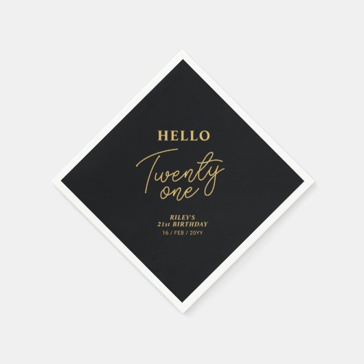 Hello Twentone Black & 金ゴールド21st誕生日パーティー スタンダードカクテルナプキン (角)