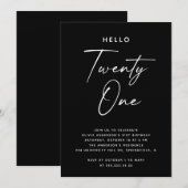 Hello Twenty One | ブラックのモダンな21歳の誕生日 招待状 (正面/裏面)