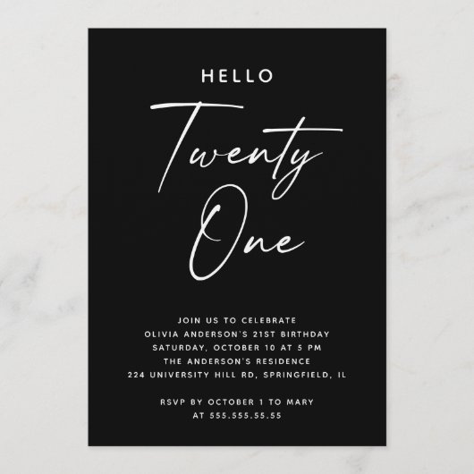 Hello Twenty One | ブラックのモダンな21歳の誕生日 招待状 (正面)