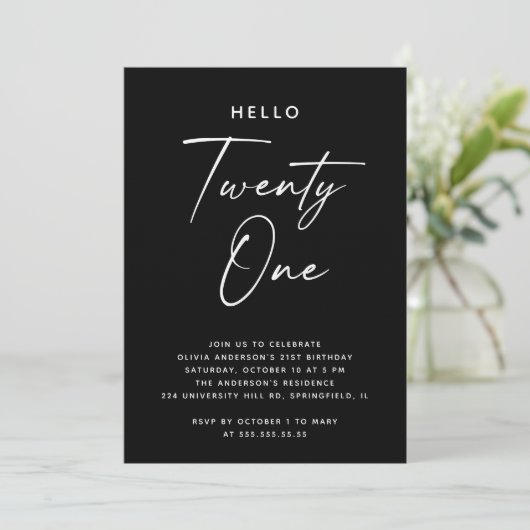 Hello Twenty One | Black Minimalist 21st Birthday 招待状 (スタンド正面)