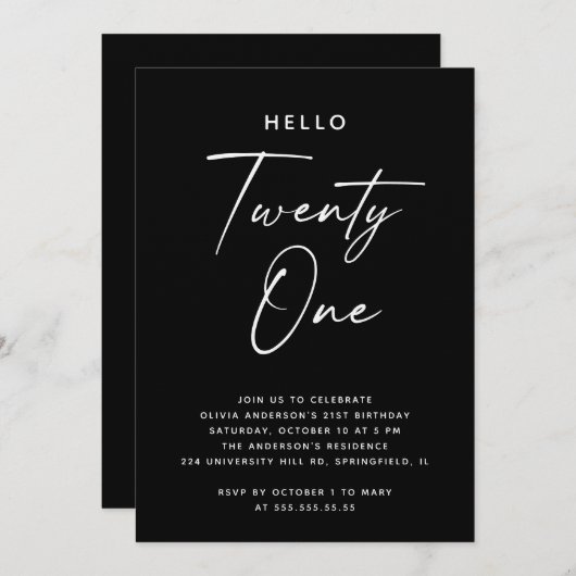 Hello Twenty One | Black Minimalist 21st Birthday 招待状 (正面/裏面)